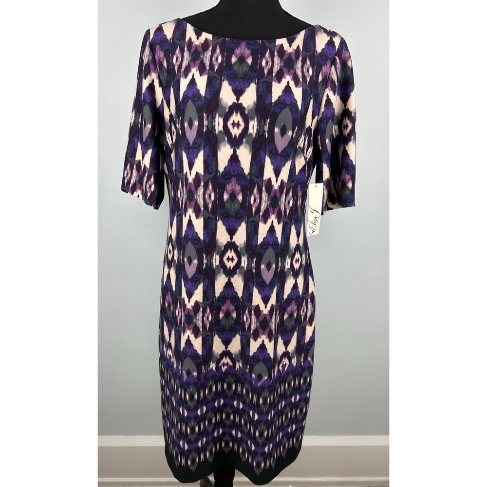NWT‎ Eliza J 10 Purple Geometric Sheath Dress Half Sleeve Knee Length Woven